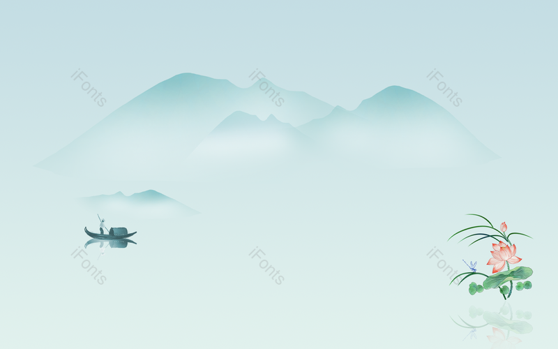 绿色中国风传统荷花荷叶小舟山脉背景,插画/手绘图,插画/手绘图库,插画/手绘图下载,插画/手绘